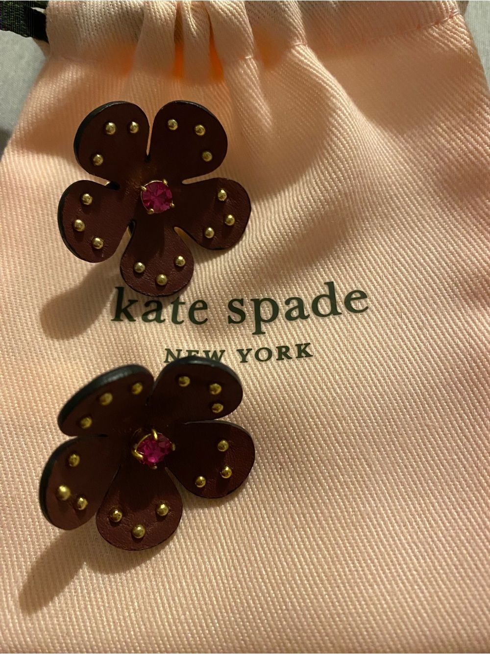 Kate Spade Brown Leather Flower Hair Clips with Pink Gem Centers